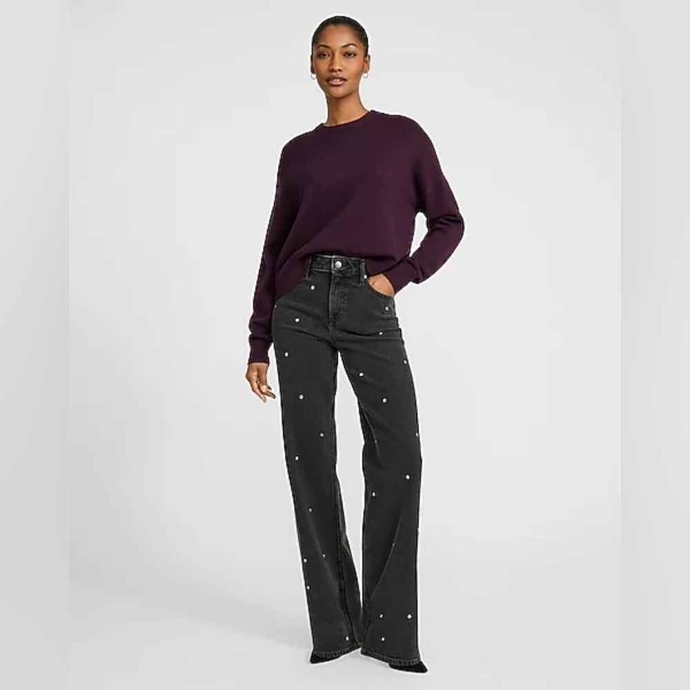 Express High Waisted Black Wash Silver Studded Relaxed Straight Jeans - Size 4L - Picture 6 of 10